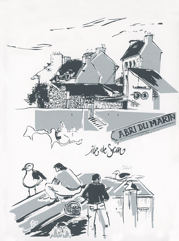 Carte postale sérigraphiée (2 couleurs) - l'île de Sein en Bretagne -à partir de mes croquis de voyage, série de 8 cartes insérées dans un carnet relié “maison”.