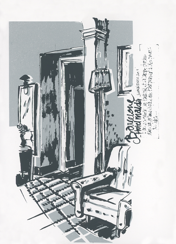 Carte postale sérigraphiée - Barcelone - (2 couleurs) à partir de mes croquis de voyage, série de 8 cartes insérées dans un carnet relié “maison”.