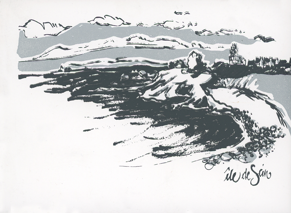 Carte postale sérigraphiée (2 couleurs) - l'île de Sein en Bretagne - à partir de mes croquis de voyage, série de 8 cartes insérées dans un carnet relié “maison”.