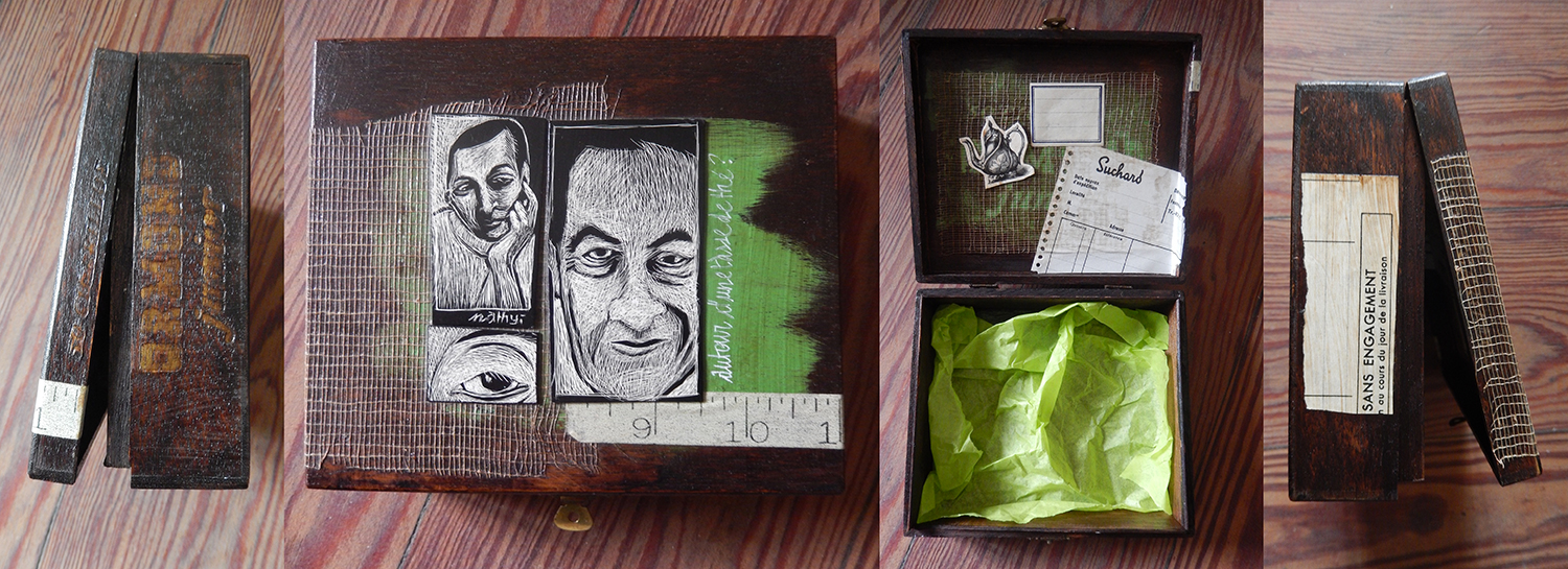 Boîte réalisée à base de récupération, fabrication maison. Habillée (intérieur-extérieur) de compositions avec cartes à gratter originales.