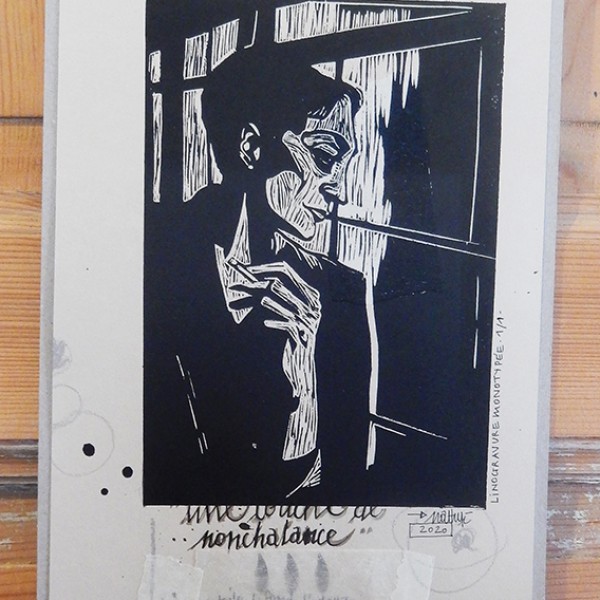 “Une touche de nonchalance” – Linogravure monotypée sur papier crème : 22 x 41 cm / format lino : 15,5 x 23 cm / Exemplaire unique - Estampe -