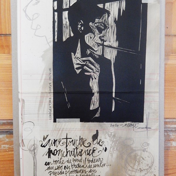 “Une touche de nonchalance” – Linogravure monotypée sur papier issu d'un vieux carnet comptable : 24 x 43,5 cm / format lino : 15,5 x 23 cm / Exemplaire unique - Estampe -