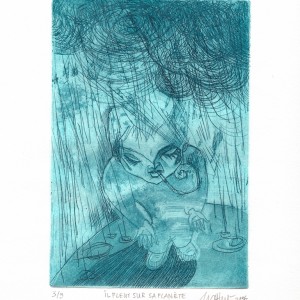 “Il pleut sur sa planète” – 3/3 - Gravure, aquatinte et pointe sèche - Format 12 x 18 cm / Encre : vert oxyde de chrome - Estampe -