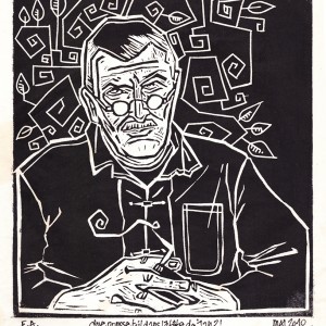 “Que pousse t-il dans la tête de Jan ?!” - Linogravure - E.A. - Portrait du peintre Jan Peter Tripp - Estampe -