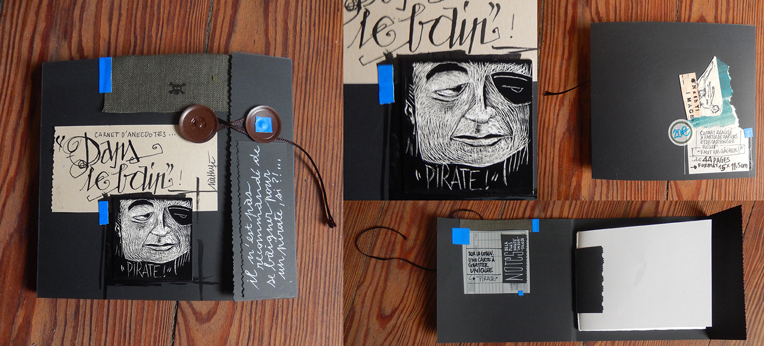 Carnet vierge “Dans le bain !”, fabrication maison avec composition et carte à gratter originale. Réalisé à base de papiers de récupération. Faut pas gâcher !