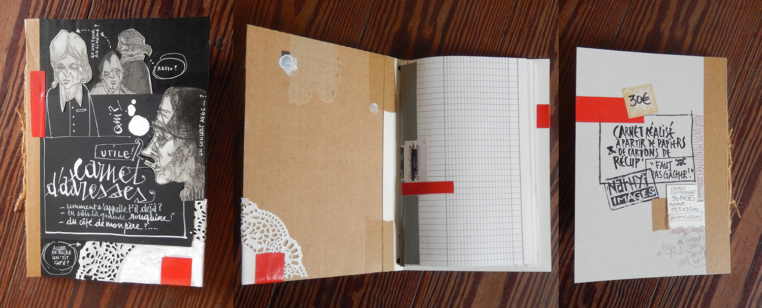 Carnet d'adresse vierge, fabrication maison avec composition et gravures. Réalisé à base de papiers de récupération. Faut pas gâcher !