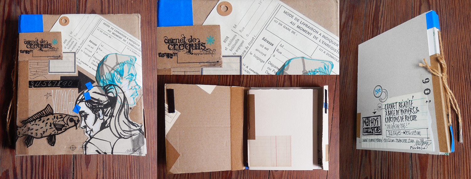 Carnet vierge “carnet de croquis”, fabrication maison avec composition et dessin original. Réalisé à base de papiers de récupération. Faut pas gâcher !