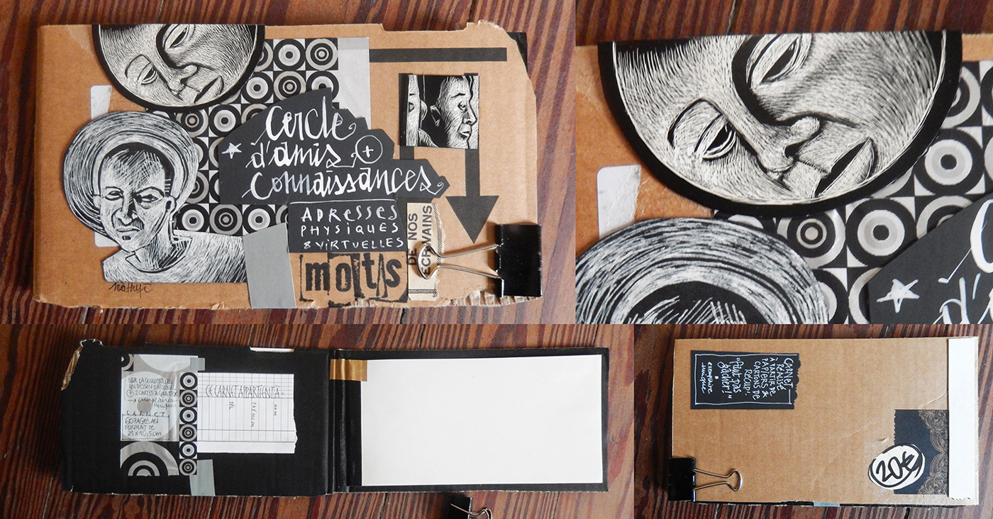 Carnet vierge “cercle d'amis + connaissances”, fabrication maison avec composition et carte à gratter originale. Réalisé à base de papiers de récupération. Faut pas gâcher !