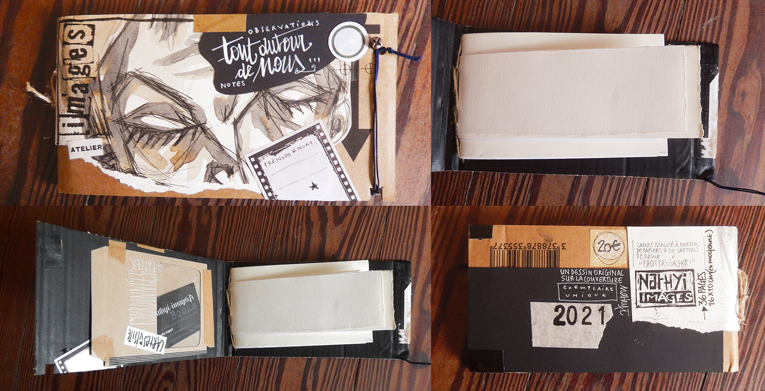 Carnet vierge “tout autour de nous...”, fabrication maison avec composition et dessin original. Réalisé à base de papiers de récupération. Faut pas gâcher !