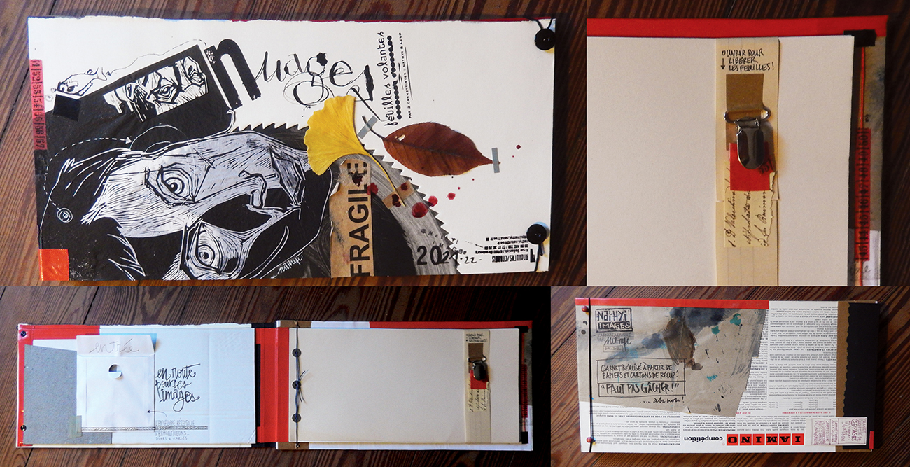 Carnet vierge “nuages - fragile”, fabrication maison avec composition et dessin original. Réalisé à base de papiers de récupération. Faut pas gâcher !