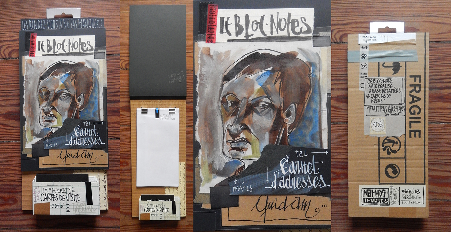 Bloc-note vierge “Quidam - Carnet d'adresses”, fabrication maison avec composition et dessin original. Réalisé à base de papiers de récupération. Faut pas gâcher !