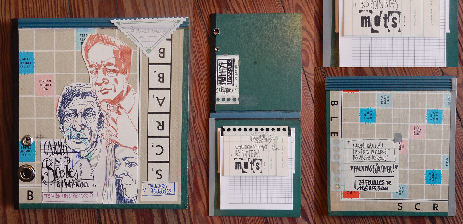 Carnet vierge “carnet de score”, fabrication maison avec composition et dessin original. Réalisé à base de papiers de récupération. Faut pas gâcher !