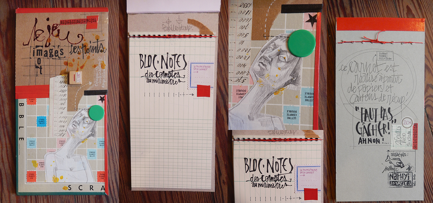 Bloc-note vierge “des comptes au millimètre”, fabrication maison avec composition et dessin original. Réalisé à base de papiers de récupération. Faut pas gâcher !