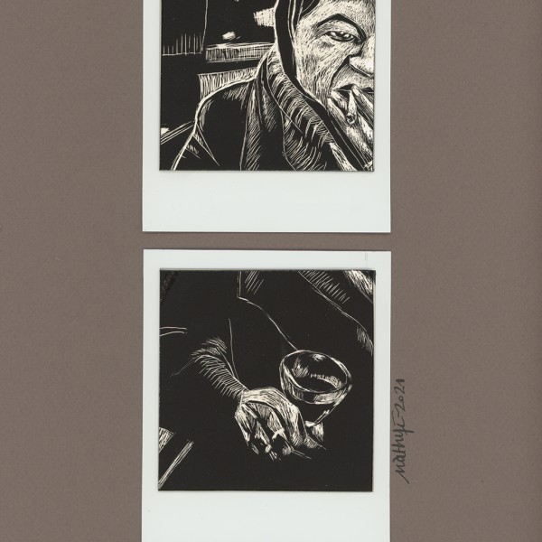 Série TRANCHE DE VIE MUETTE - n°13 > Carte à gratter de nathyi. 2 formats polaroïd réunis sur une planche, titre calligraphié à la plume et encre de chine. “Un verre de brutal !”