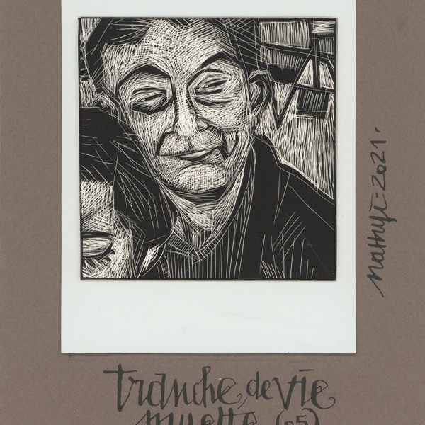 Série TRANCHE DE VIE MUETTE - n°05 > Carte à gratter de nathyi. Format polaroïd sur une planche, titre calligraphié à la plume et encre de chine. “Appui amical”