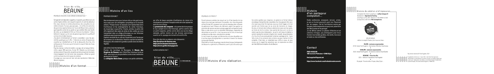 BEAUNE - Frise de ville. Guide : Fred Augelon - texte explicatif à l'intérieur d'un accordéon noir et blanc. Graphisme nathyi