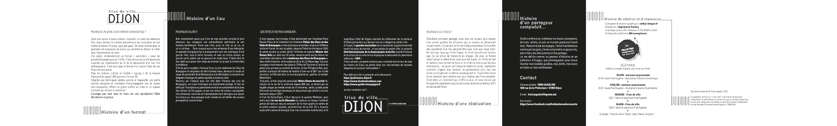 DIJON - Frise de ville. Guide : Fred Augelon - texte explicatif à l'intérieur d'un accordéon noir et blanc. Graphisme nathyi