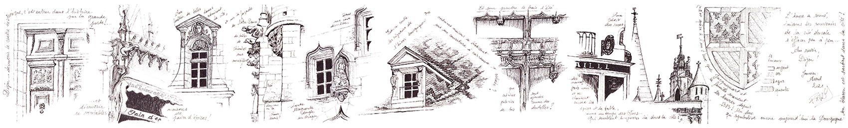 DIJON - Frise de ville. Guide : Fred Augelon - les croquis du guide sur accordéon noir et blanc