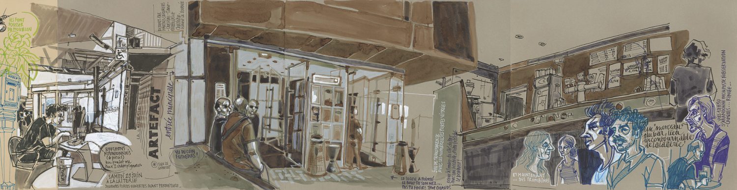 Extraits de mon carnet accordéon. Croquis réalisés durant le dernier jour avant fermeture pour travaux de La Laiterie-Artefact PRL à Strasbourg.